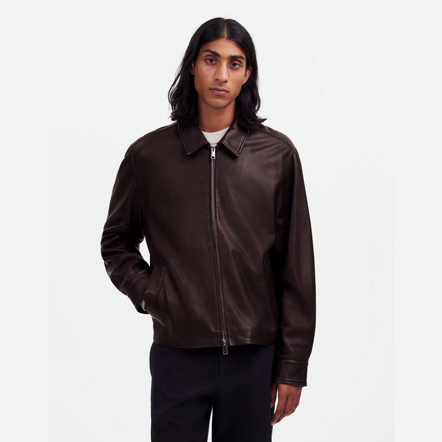 marrone scuro mens madewell zip-front giacca di pelle