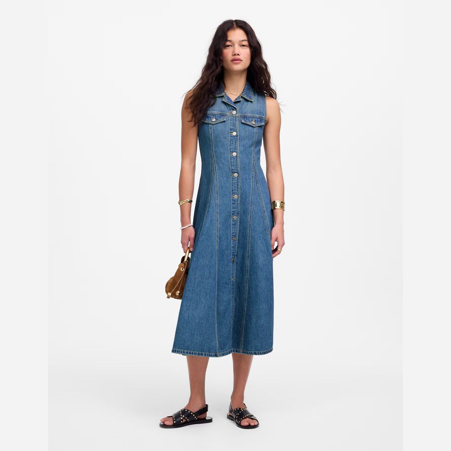 womens madewell midi a pieghe abito camicia blu