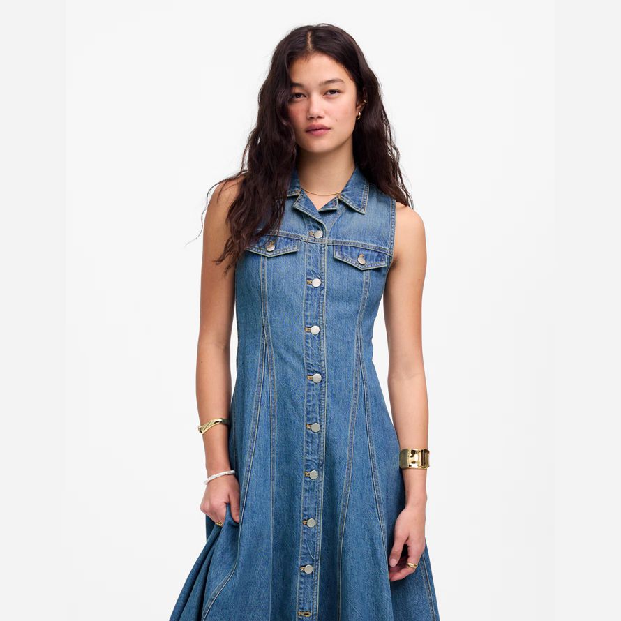 womens madewell midi a pieghe abito camicia blu