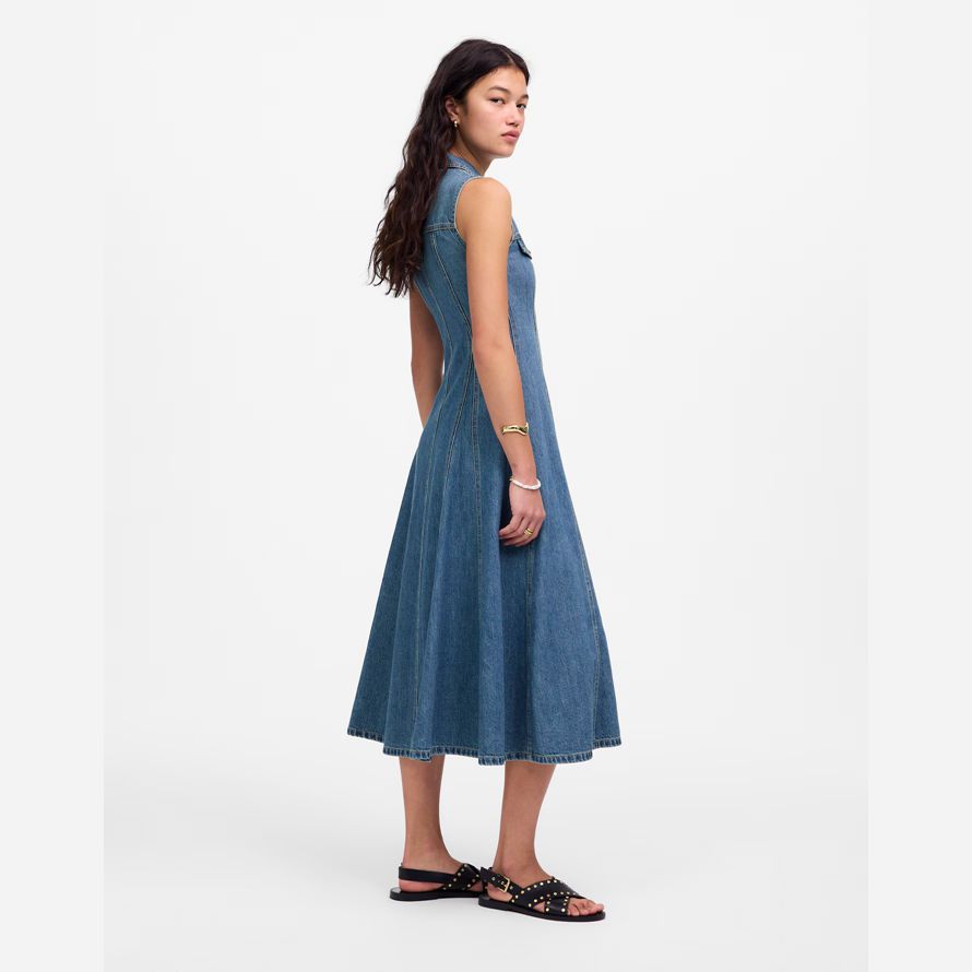 womens madewell midi a pieghe abito camicia blu