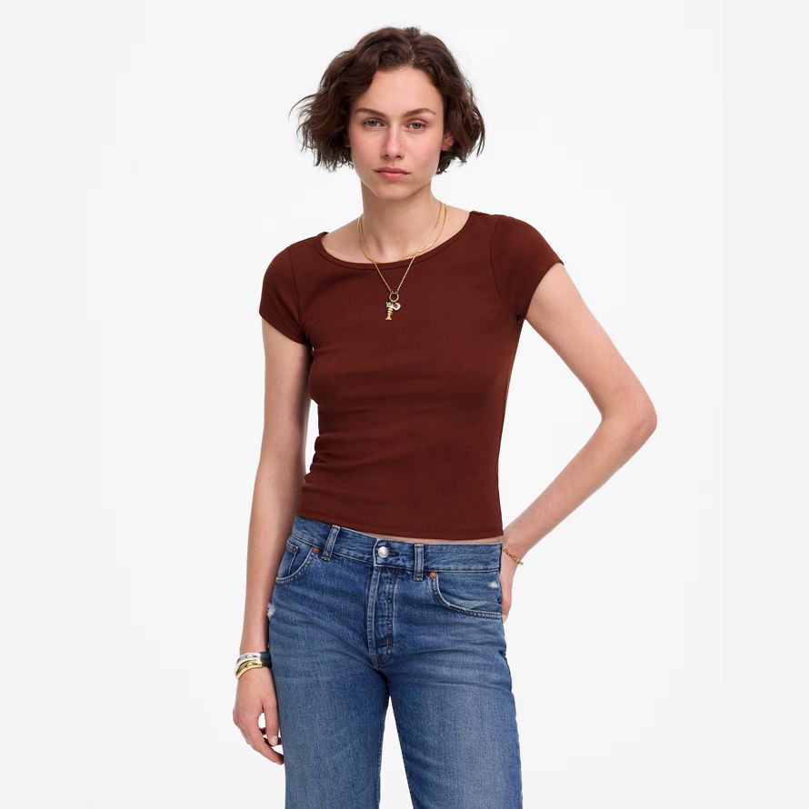 cioccolato womens madewell rigenerativa cotone a costine cappuccio maniche t-shirt